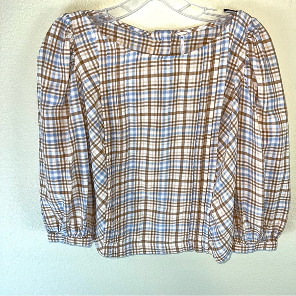 Free People Tan/Blue Plaid Back Button Up Puff Sleeve Blouse Sz S - Picture 14 of 15